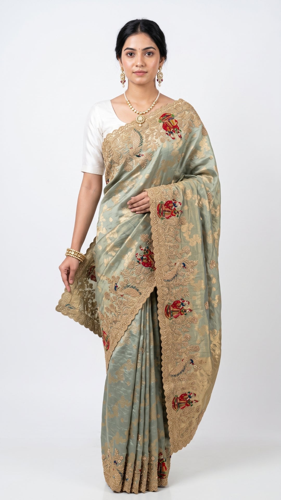 Sage Green Pure Tissue Banarasi Unstitched Saree with Sequins, Zari, Moti & Dori Work